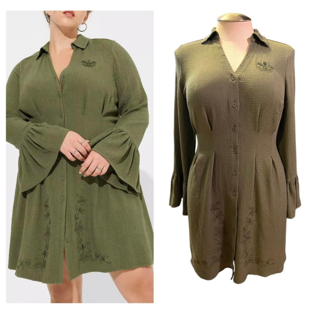 Torrid 2 (2X 18/20) Outlander Green Dragonfly Bell Sleeve Button Up Shirt Dress